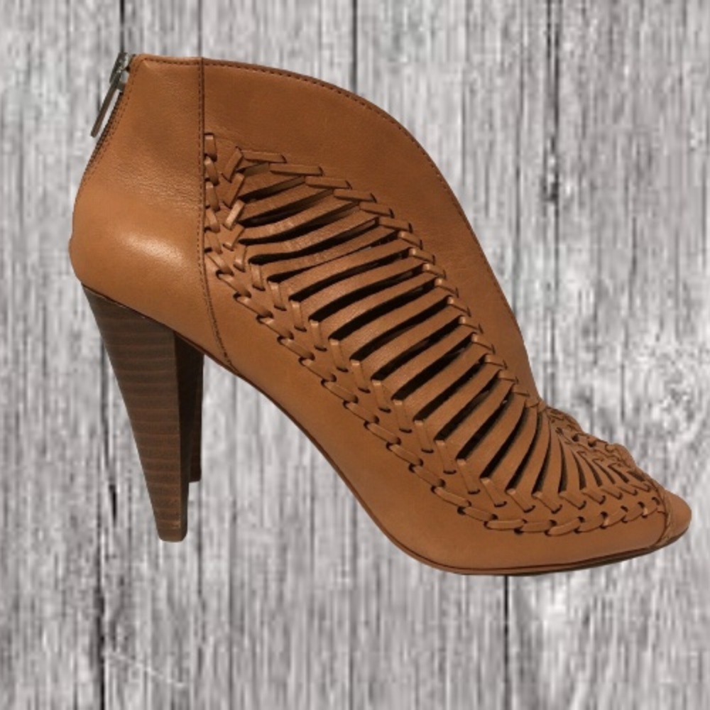 Vince Camuto Acha Cutout Peep Toe High Heel Booties VC-ACHA Brown Zip - Size 9